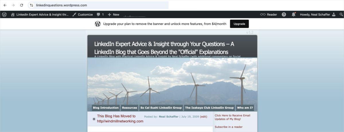 The original linkedinquestions.wordpress.com blog, still live, showing a July 2009 post announcing the move to windmillnetworking.com.