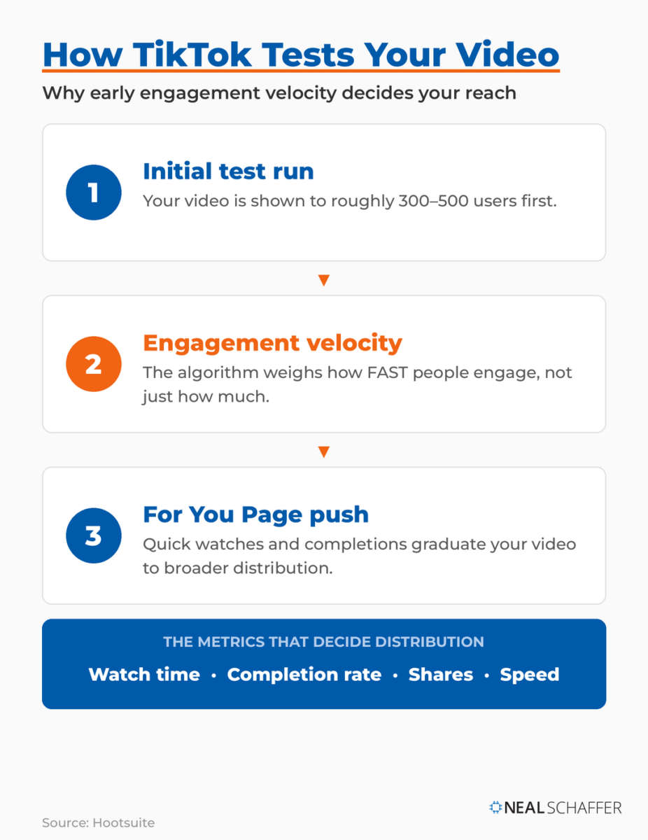 Flow diagram of how the TikTok algorithm tests a video: a 300–500 user test run, engagement velocity, then For You Page distribution