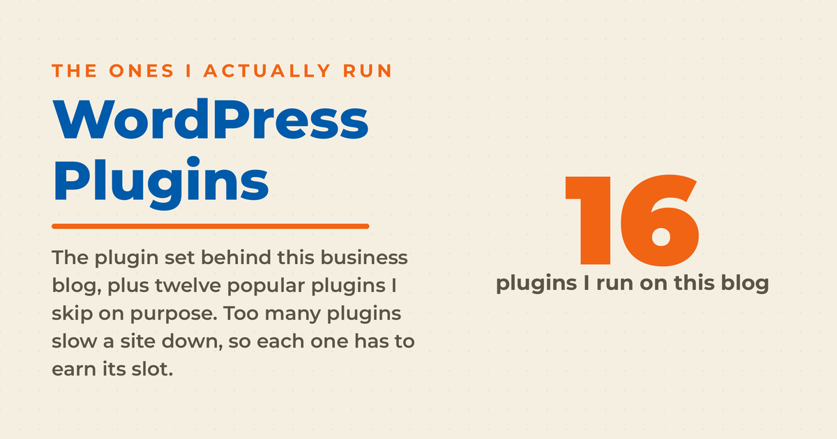 Featured graphic titled WordPress Plugins beside a large figure 16, labeled plugins run on this blog, with a note that twelve popular plugins are skipped on purpose.