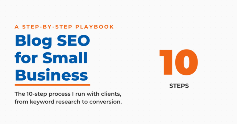 Branded featured card reading "Blog SEO for Small Business," a step-by-step playbook, with a large "10 STEPS" figure.