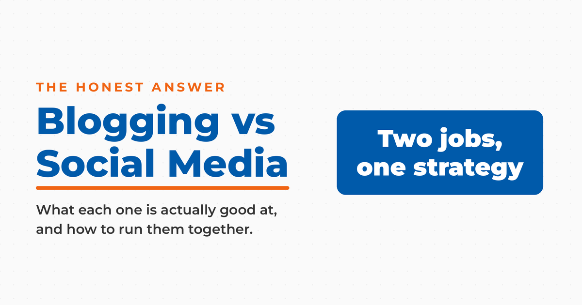 Featured graphic reading “Blogging vs Social Media,” with an answer box reading “Two jobs, one strategy” and a note on what each channel is actually good at.