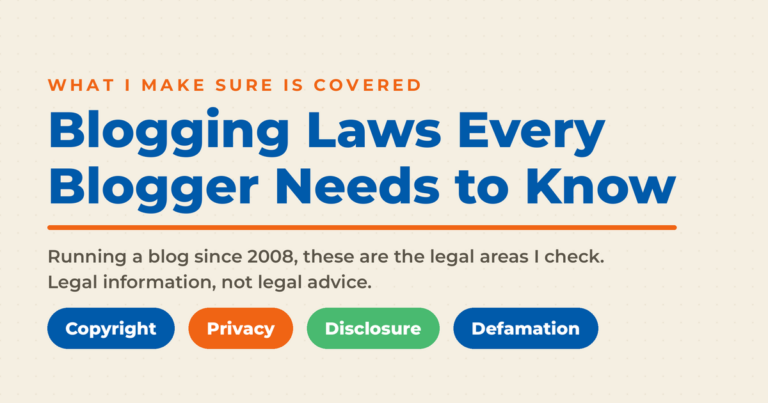 Cream featured graphic titled Blogging Laws Every Blogger Needs to Know with four pills reading Copyright, Privacy, Disclosure, and Defamation.