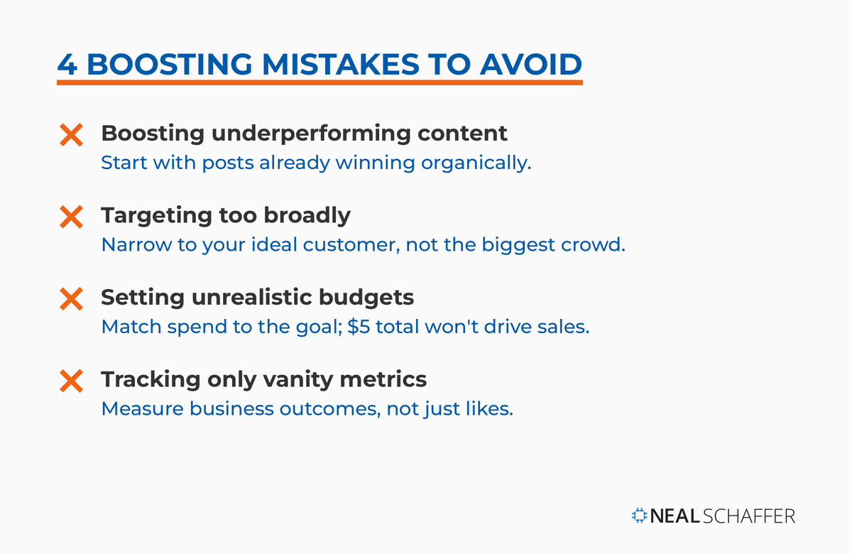 List of four common Instagram boosting mistakes, each paired with a corrective action.