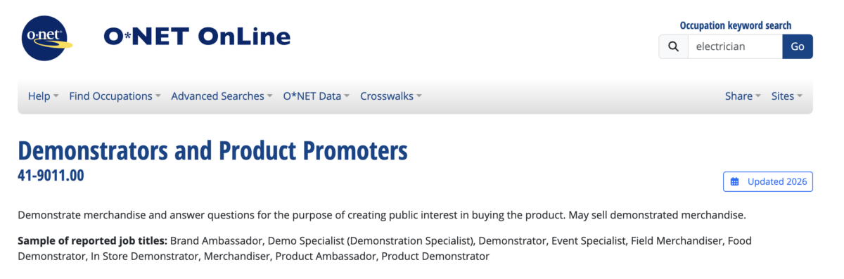 O*NET OnLine listing for Demonstrators and Product Promoters, occupation code 41-9011.00, showing Brand Ambassador among the reported job titles.