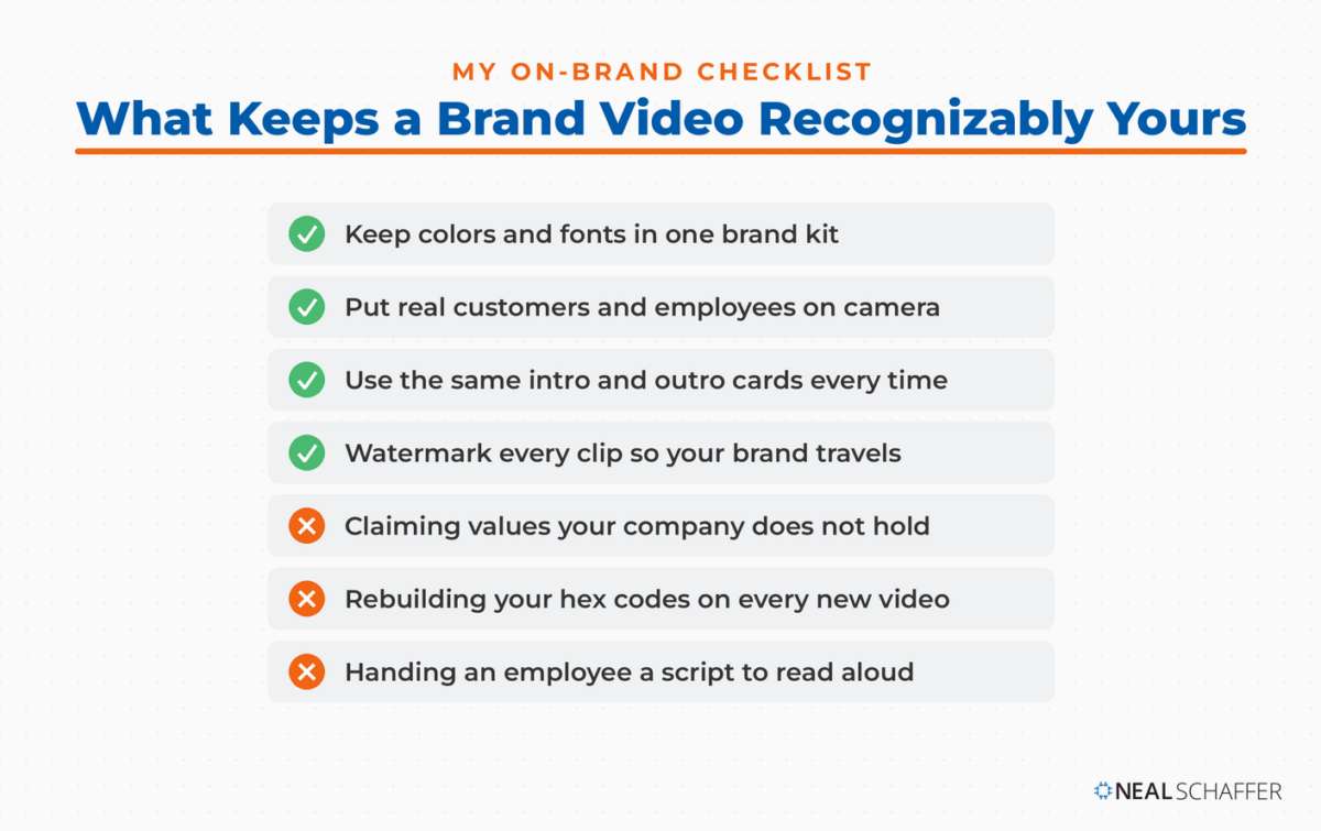 Checklist of four things to do and three to avoid when keeping a brand video on brand