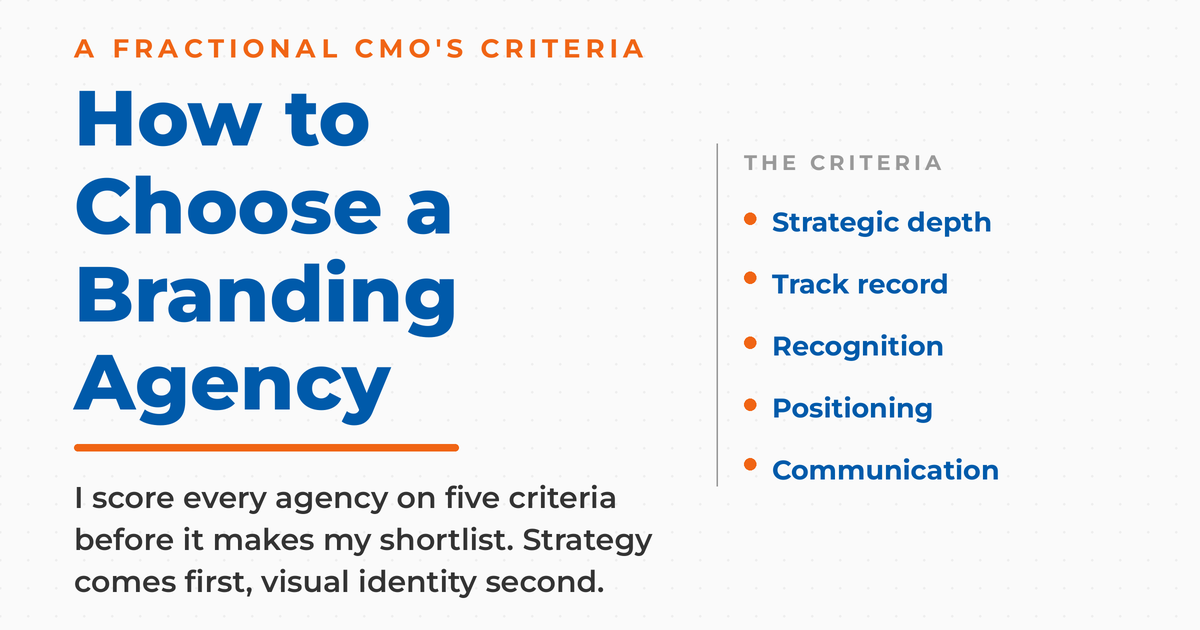 Light featured graphic titled "How to Choose a Branding Agency," with a kicker reading "a Fractional CMO's criteria" and a five-item list of the vetting criteria: strategic depth, track record, recognition, positioning, and communication.