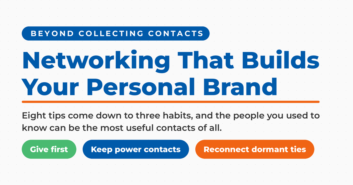 Networking That Builds Your Personal Brand featured graphic, going beyond collecting contacts, noting that eight tips come down to three habits, shown as pills reading give first, keep power contacts, and reconnect dormant ties.