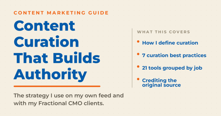 Cream featured graphic reading “Content Curation That Builds Authority,” covering how Neal defines curation, 7 best practices, 21 tools grouped by job, and crediting the original source.