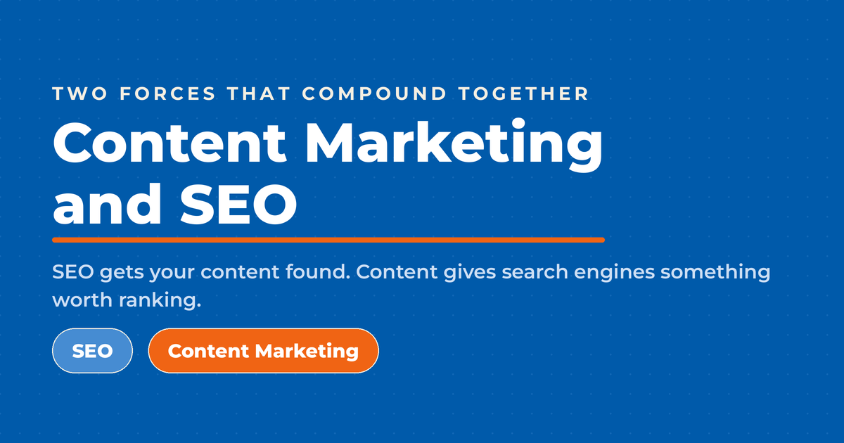 Content Marketing and SEO featured graphic on blue, kicker "two forces that compound together," with two pills labeled SEO and Content Marketing beneath the line "SEO gets your content found. Content gives search engines something worth ranking."