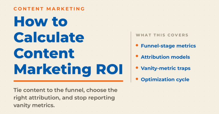 How to calculate content marketing ROI featured graphic covering funnel-stage metrics, attribution models, vanity-metric traps, and the optimization cycle.