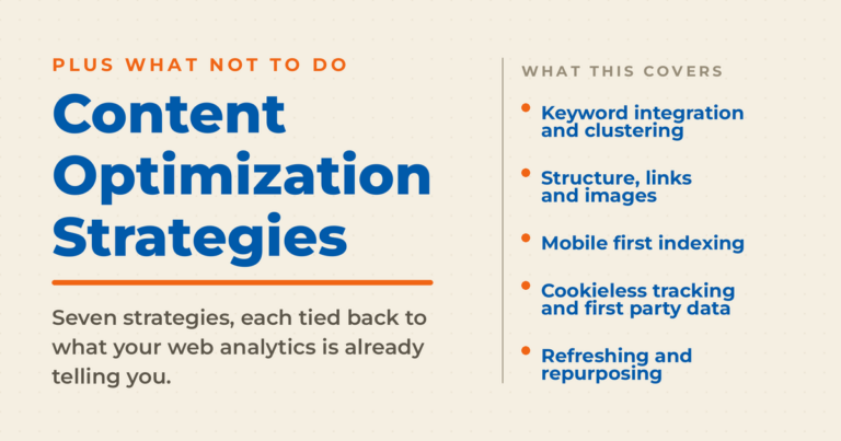Cream featured graphic reading Content Optimization Strategies, with a list of what the post covers: keyword integration and clustering, structure, links and images, mobile first indexing, cookieless tracking and first party data, and refreshing and repurposing.