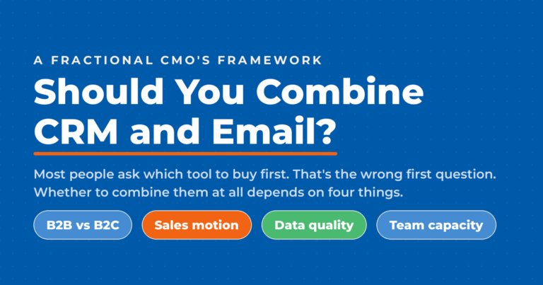 Inverted blue featured graphic titled "Should You Combine CRM and Email?", with a kicker reading "a Fractional CMO's framework" and four decision-framework pills: B2B vs B2C, sales motion, data quality, and team capacity.