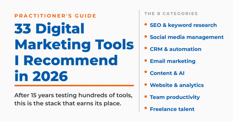 Neal Schaffer featured graphic, "33 Digital Marketing Tools I Recommend in 2026," listing the eight tool categories: SEO and keyword research, social media management, CRM and automation, email marketing, content and AI, website and analytics, team productivity, and freelance talent.