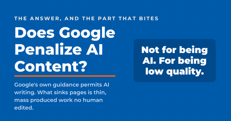 Inverted blue featured graphic asking Does Google Penalize AI Content, answered in a panel reading not for being AI, for being low quality.