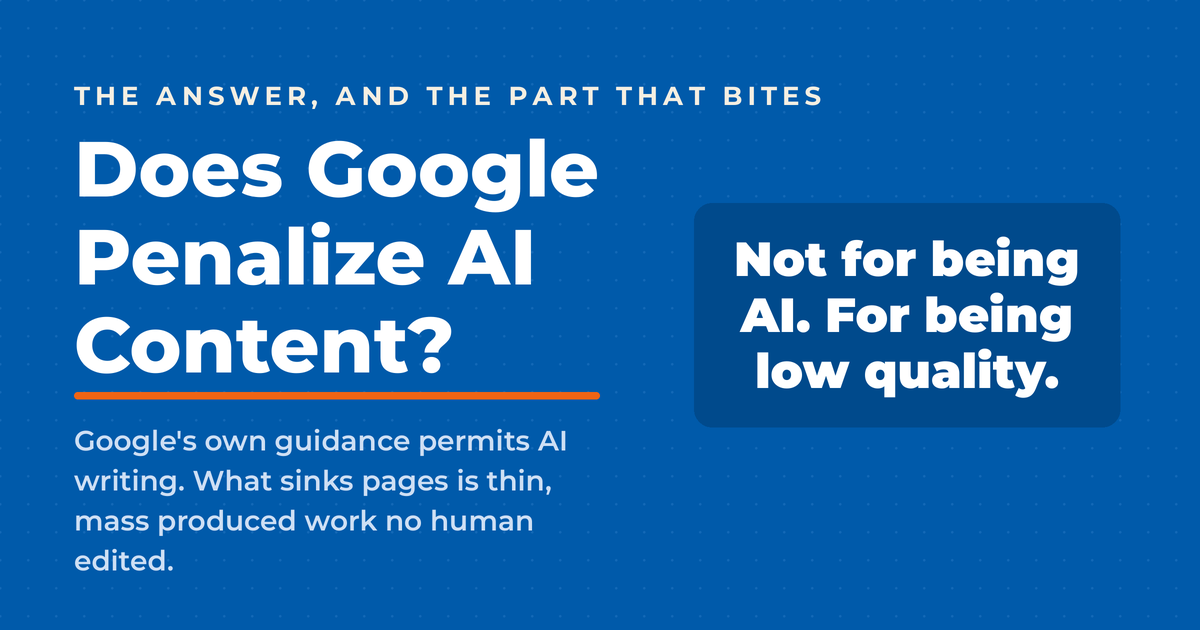 Inverted blue featured graphic asking Does Google Penalize AI Content, answered in a panel reading not for being AI, for being low quality.