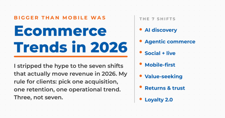 Light featured graphic titled "Ecommerce Trends in 2026," with a kicker reading "bigger than mobile was" and a list of the seven shifts: AI discovery, agentic commerce, social and live, mobile-first, value-seeking, returns and trust, and loyalty 2.0.