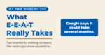 Featured card reading "What E-E-A-T Really Takes," with a box stating that Google says it could take several months, and a note that two months into the work there is nothing to report yet.