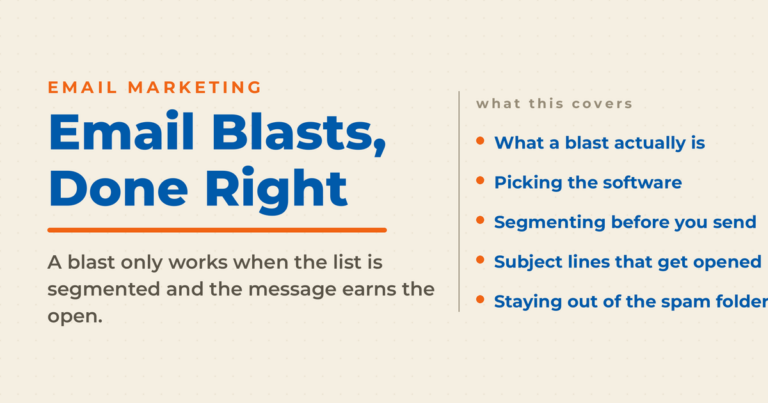 Branded featured graphic reading "Email Blasts, Done Right," noting a blast only works when the list is segmented and the message earns the open, with a list covering what a blast is, picking software, segmenting, subject lines, and staying out of spam.