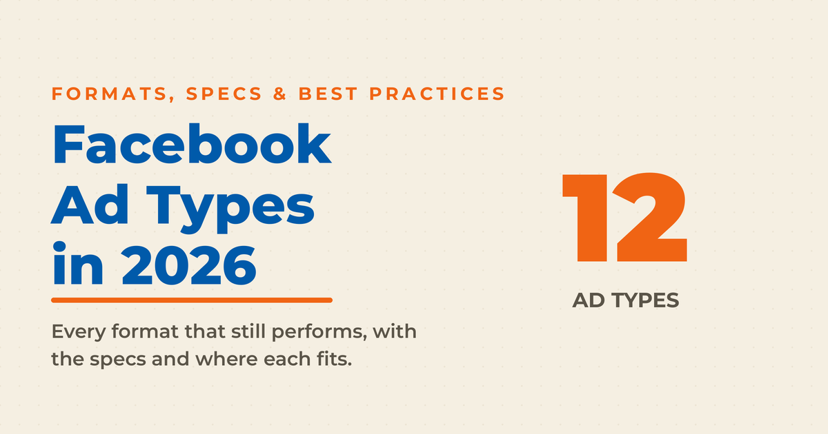 Neal Schaffer featured graphic on cream, "Facebook Ad Types in 2026," with a large numeral 12 marking the twelve core Facebook ad types.