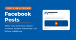 Facebook Posts featured card on a blue background reading post like a friend, beside a mock Facebook post preview.