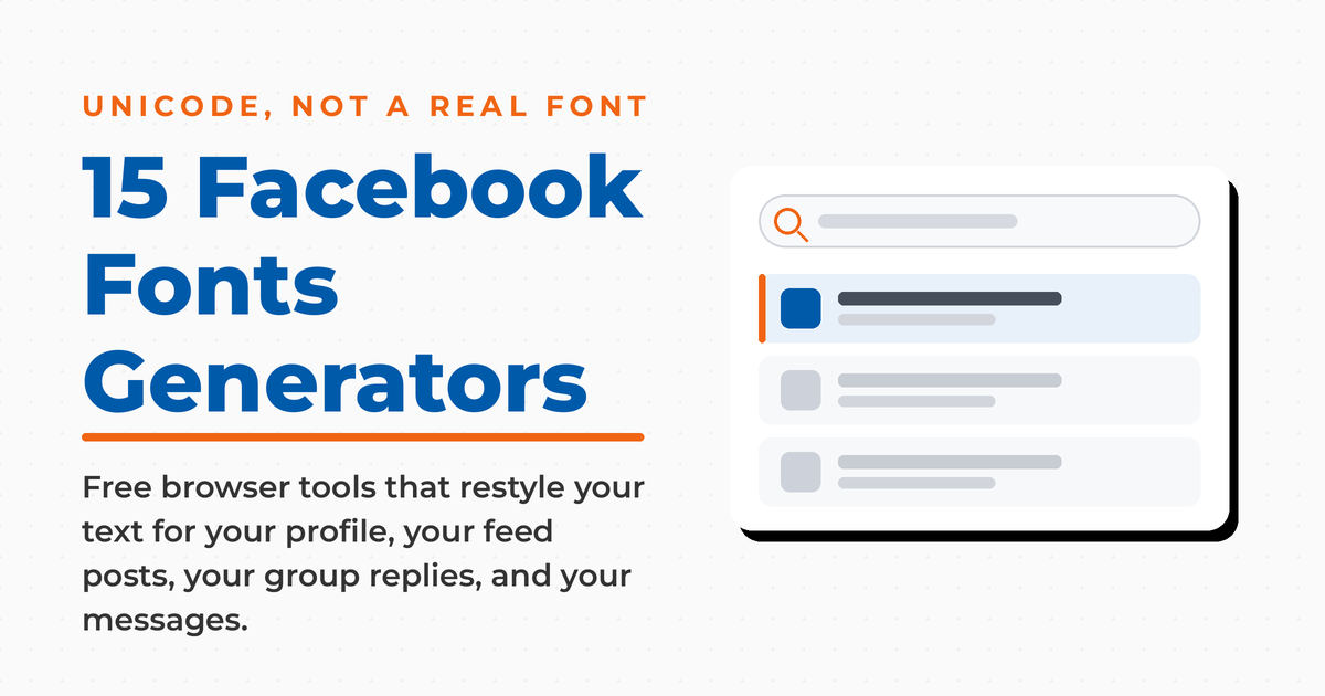 Featured graphic for fifteen Facebook fonts generators, noting the tools output Unicode rather than a real font, and naming where styled text helps: profile, feed posts, group replies, and messages.