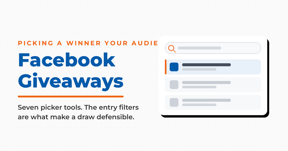 Featured image for a roundup of 7 Facebook giveaway picker tools, showing a stylized results panel with a highlighted selected entry beside copy noting that the entry filters are what make a draw defensible.