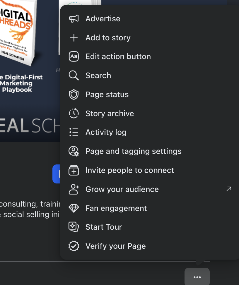 Facebook Page three-dot menu showing the Invite people to connect and Grow your audience options