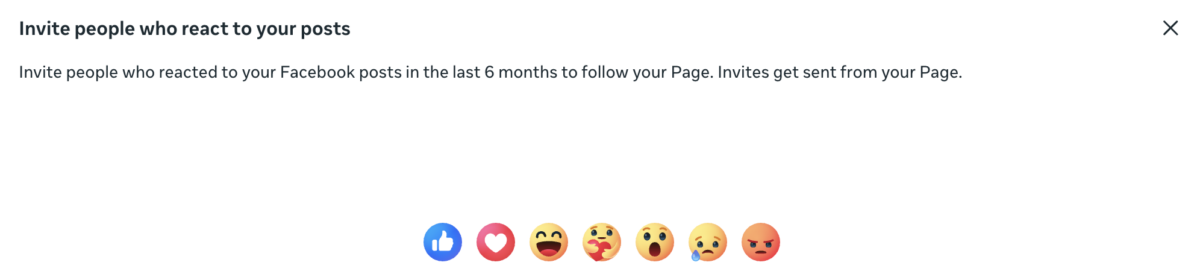 Meta Business Suite invite screen offering to invite people who reacted to posts in the last six months, showing no results