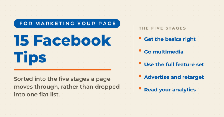 Facebook marketing tips featured card listing the five stages the fifteen tips sort into: get the basics right, go multimedia, use the full feature set, advertise and retarget, and read your analytics.