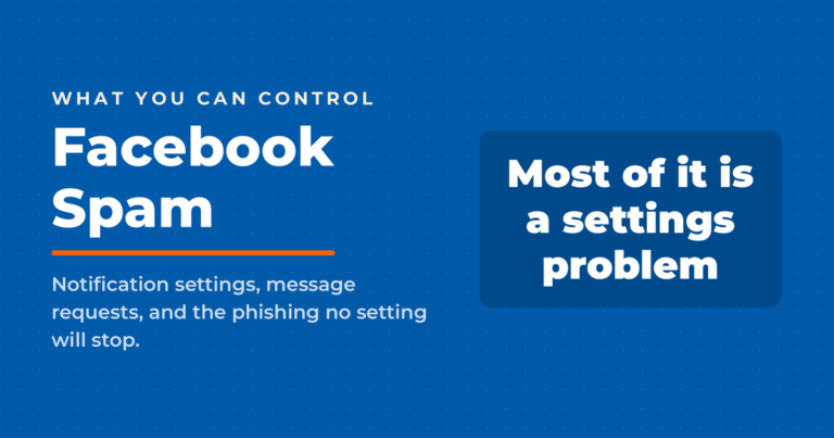 Facebook spam messages title card with the answer that most of it is a settings problem, covering notifications, message requests, and phishing