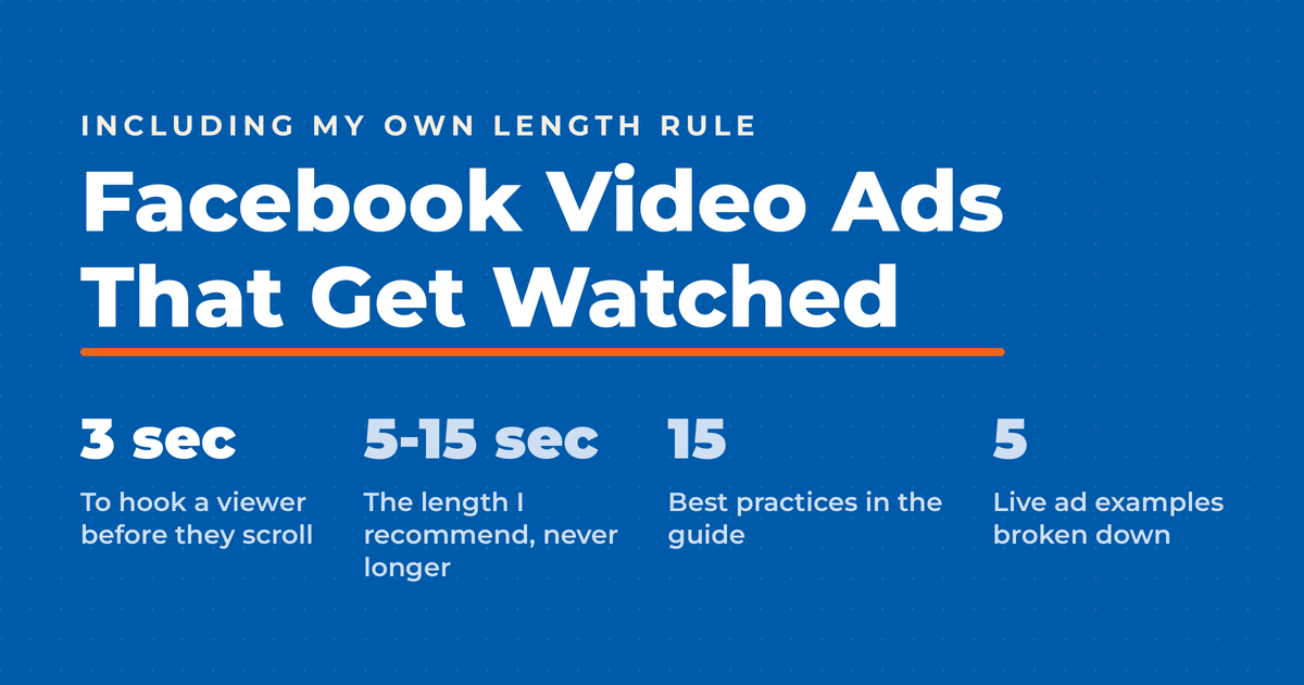 Inverted blue featured graphic reading Facebook Video Ads That Get Watched, with four figures: 3 seconds to hook a viewer, 5 to 15 seconds as the recommended length, 15 best practices, and 5 live ad examples.