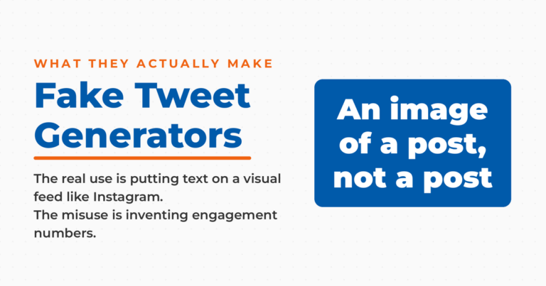 Featured graphic titled Fake Tweet Generators, with the clarification that these produce an image of a post, not a post.