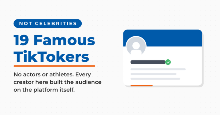 Featured graphic reading 19 Famous TikTokers with the kicker "not celebrities," beside an illustrated creator profile card, and a note that every creator listed built the audience on the platform itself.