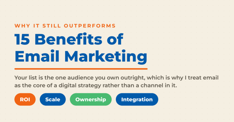 Cream featured graphic titled "15 Benefits of Email Marketing" with four pills reading ROI, Scale, Ownership, and Integration, and subcopy explaining that your list is the one audience you own outright.