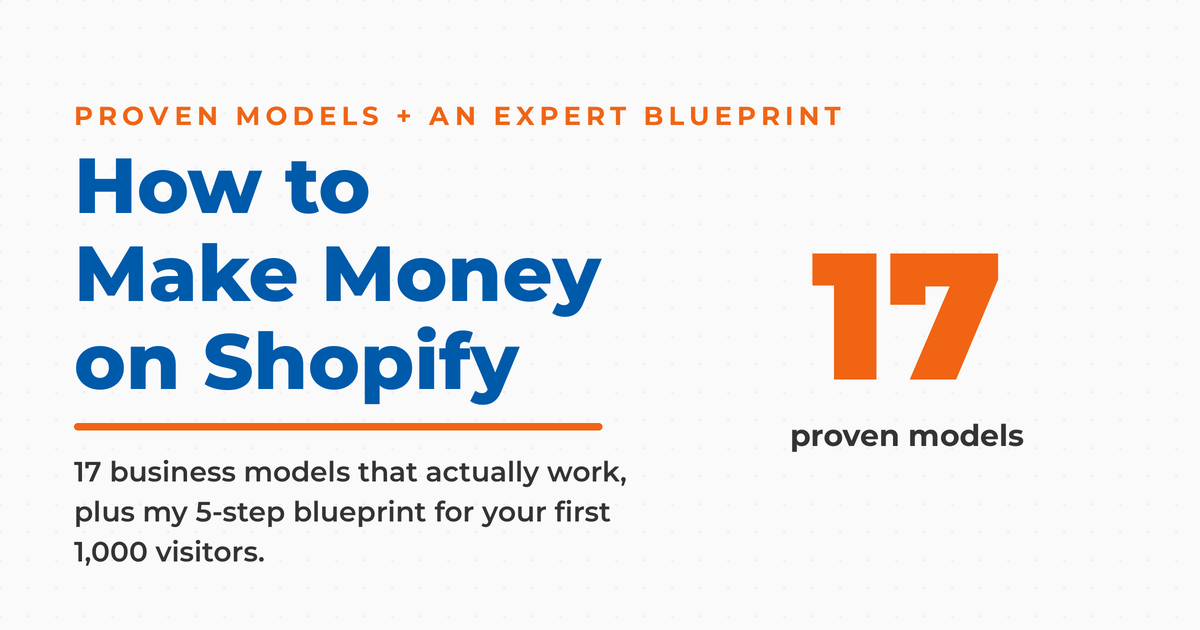 Branded featured graphic reading "How to Make Money on Shopify," with a large number 17 labeled proven models and a note about a 5-step traffic blueprint for your first 1,000 visitors.