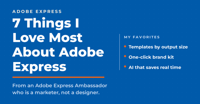 Neal Schaffer branded title card listing seven favorite Adobe Express features, from an Adobe Express Ambassador.