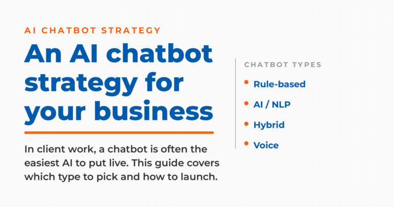 Branded graphic on an AI chatbot strategy for your business, listing chatbot types.