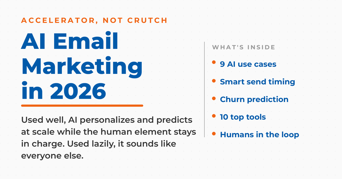 Featured graphic reading "AI Email Marketing in 2026," framing AI as an accelerator and not a crutch, with a list covering nine AI use cases, smart send timing, churn prediction, ten top tools, and keeping humans in the loop.