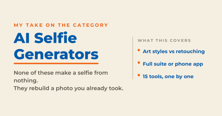 Featured graphic for a roundup of 15 AI selfie generators, explaining that these tools rebuild a photo you already took rather than creating a selfie from nothing.