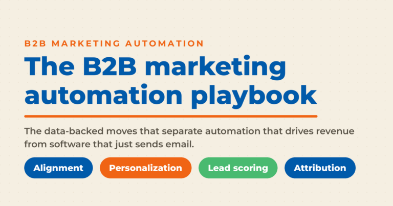 Branded graphic on the B2B marketing automation playbook, with pills for alignment, personalization, lead scoring, and attribution.