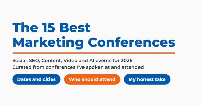 Branded title card reading The 15 Best Marketing Conferences, curated social, SEO, content, video and AI events for 2026, with dates and cities, who should attend, and my honest take labels.