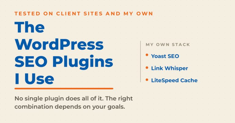 Featured graphic on cream reading The WordPress SEO Plugins I Use, with a list of Neal Schaffer's own stack: Yoast SEO, Link Whisper, and LiteSpeed Cache.