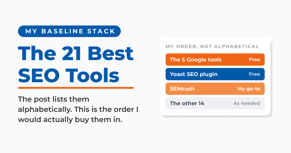 Featured graphic reading "The 21 Best SEO Tools" with a ranked panel showing Neal Schaffer's preferred order: the 5 Google tools free, Yoast SEO plugin free, SEMrush as his go-to, and the other 14 as needed.
