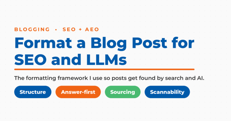 Neal Schaffer branded title card for formatting a blog post for SEO and LLMs, showing a framework of structure, answer-first, sourcing, and scannability.