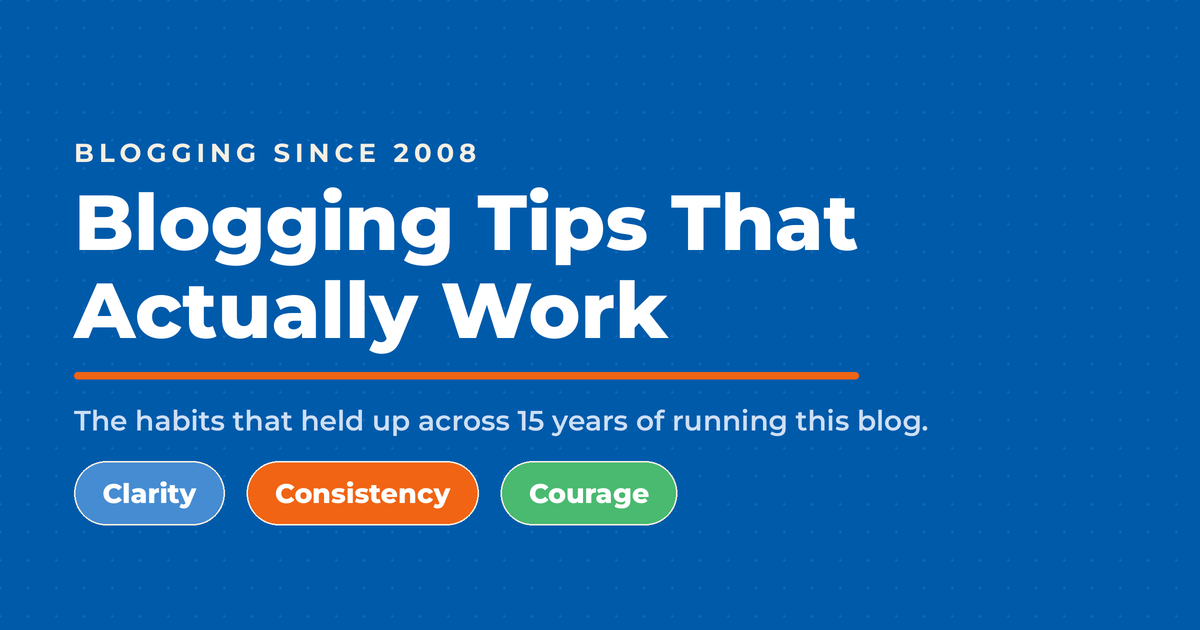 Blogging Tips That Actually Work featured graphic on blue, with a kicker reading blogging since 2008 and three framework pills: clarity, consistency, and courage.