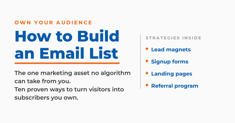 Neal Schaffer featured graphic reading "How to Build an Email List," with the kicker "own your audience" and a list of strategies inside: lead magnets, signup forms, landing pages, and a referral program.