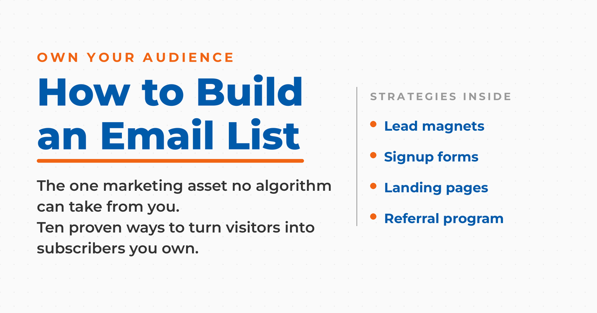 Neal Schaffer featured graphic reading "How to Build an Email List," with the kicker "own your audience" and a list of strategies inside: lead magnets, signup forms, landing pages, and a referral program.
