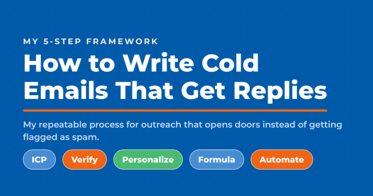 Inverted blue featured graphic titled "How to Write Cold Emails That Get Replies," with a kicker reading "My 5-Step Framework" and five pills: ICP, Verify, Personalize, Formula, and Automate.