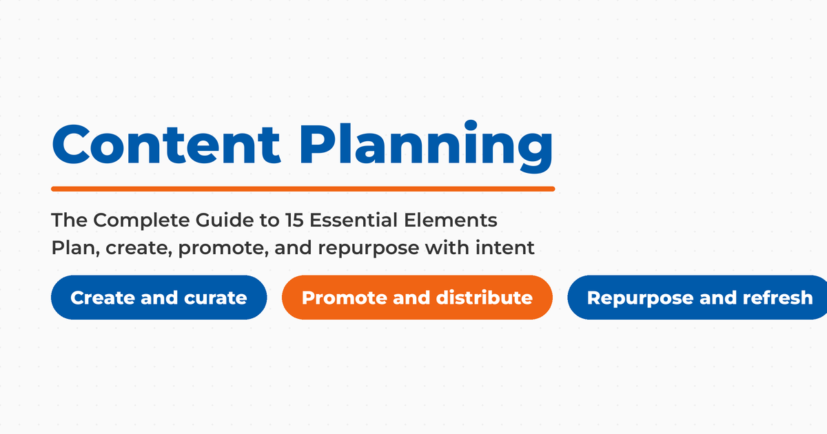 Branded title card reading Content Planning, the complete guide to 15 essential elements, with create and curate, promote and distribute, and repurpose and refresh labels.