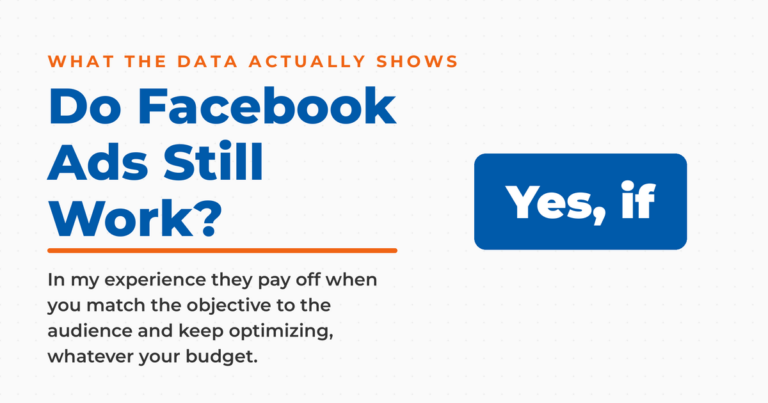 Branded graphic titled "Do Facebook Ads Still Work?" with a blue "Yes, if" answer box, summarizing that Facebook advertising pays off when the campaign objective matches the audience and you keep optimizing.